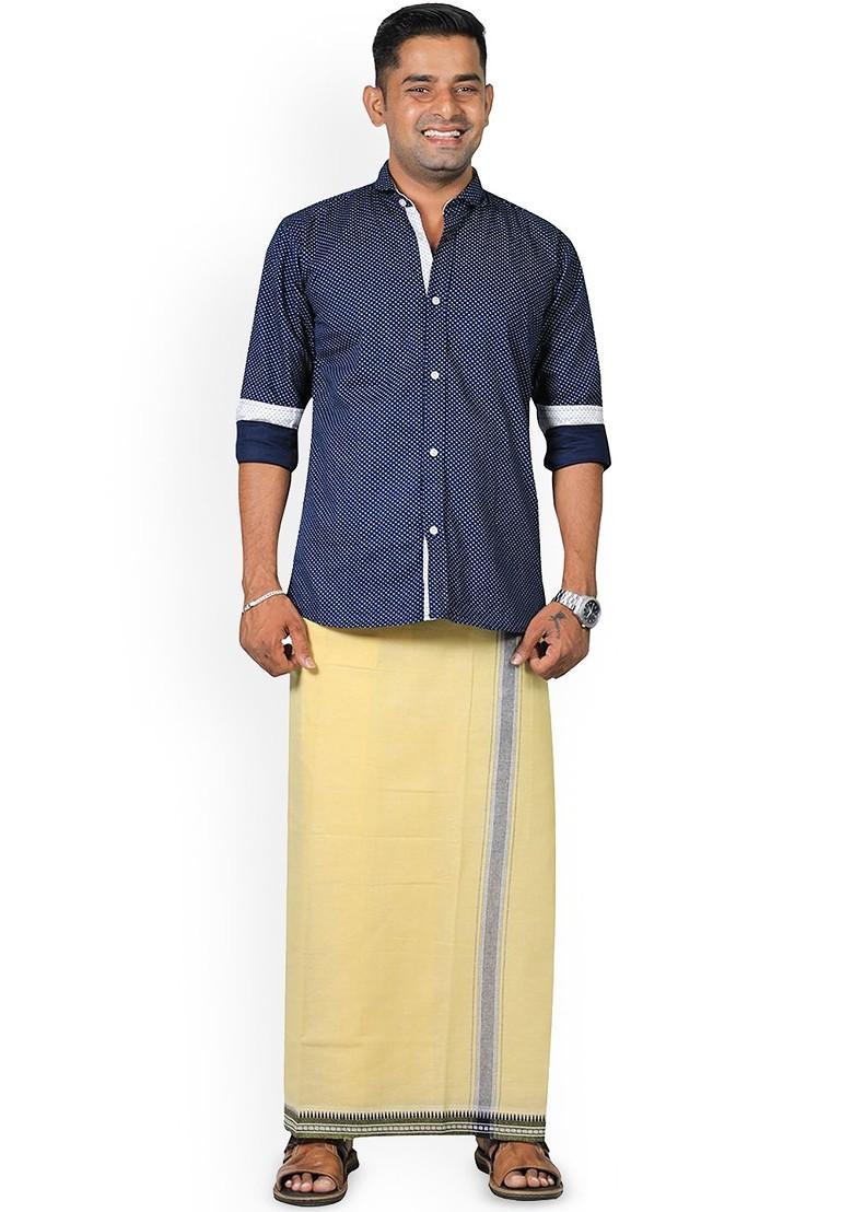 Yellow Cotton Selection Of 3 Kerala Style Thalapathi Pure Cotton Dhotis For Men