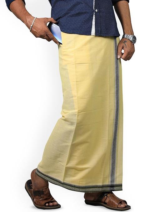 Yellow Cotton Selection Of 3 Kerala Style Thalapathi Pure Cotton Dhotis For Men