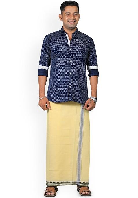 Yellow Cotton Selection Of 3 Kerala Style Thalapathi Pure Cotton Dhotis For Men