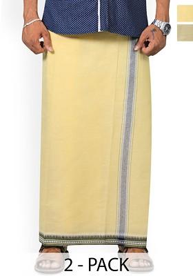 Yellow Cotton Selection Of 2 Cotton Thalapathi Border Dhotis For Men