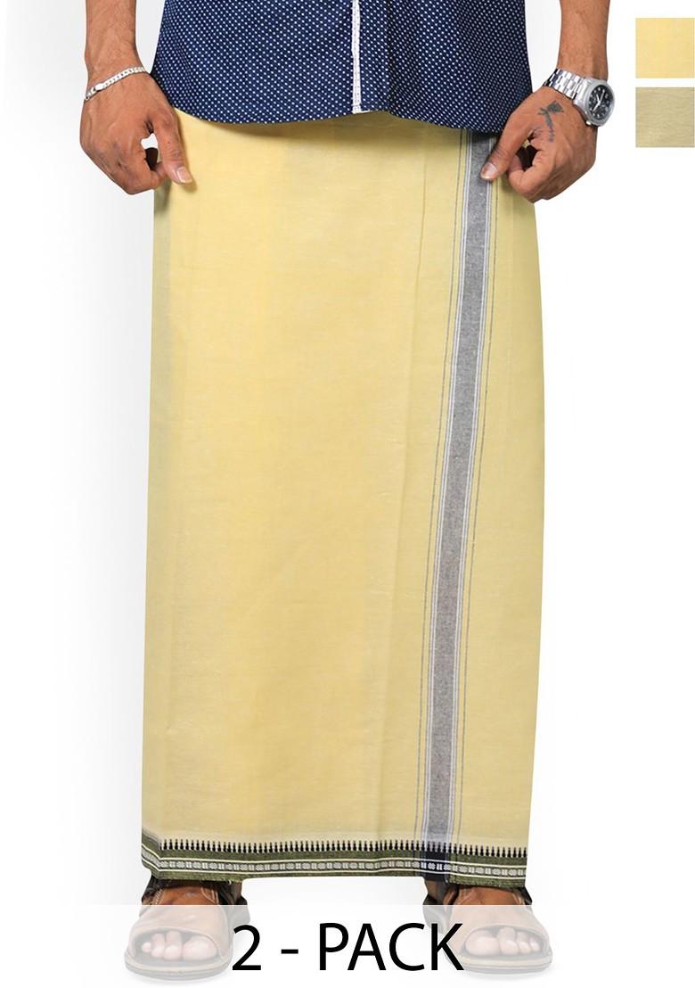 Yellow Cotton Selection Of 2 Cotton Thalapathi Border Dhotis For Men - Indya