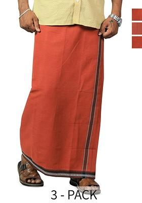 Orange Cotton Selection Of 3 Cotton Thalapathi Border Dhotis For Men
