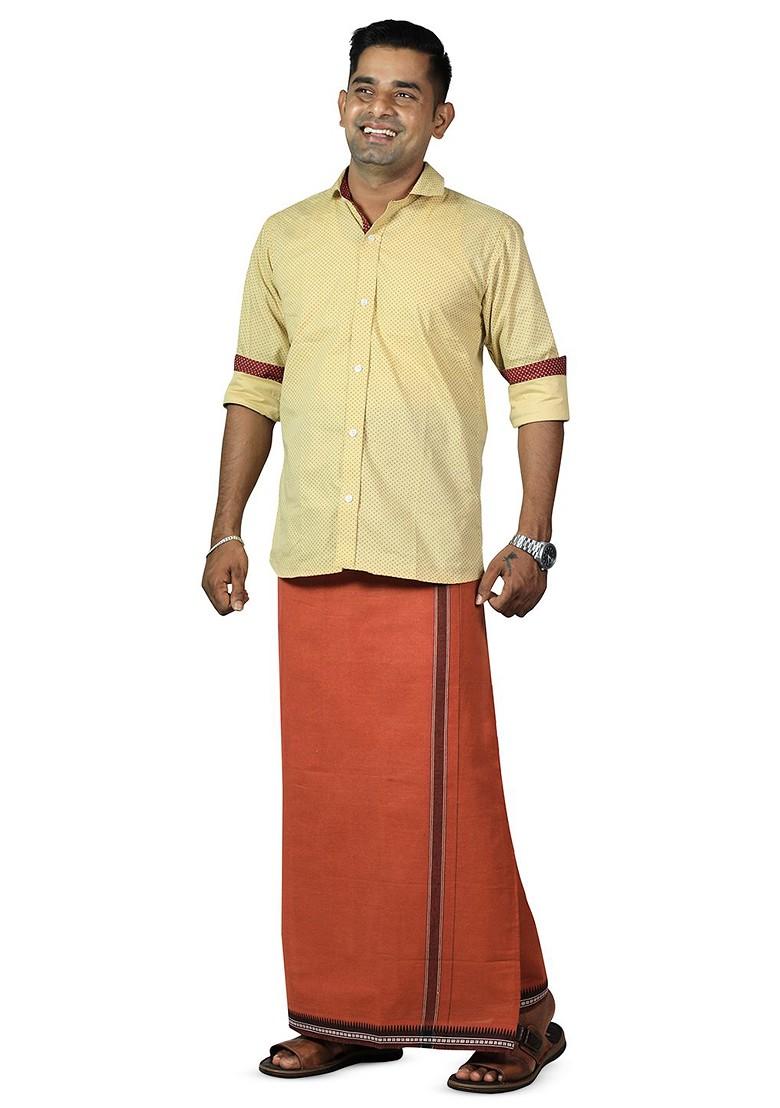 Orange Cotton Selection Of 3 Cotton Thalapathi Border Dhotis For Men - Indya