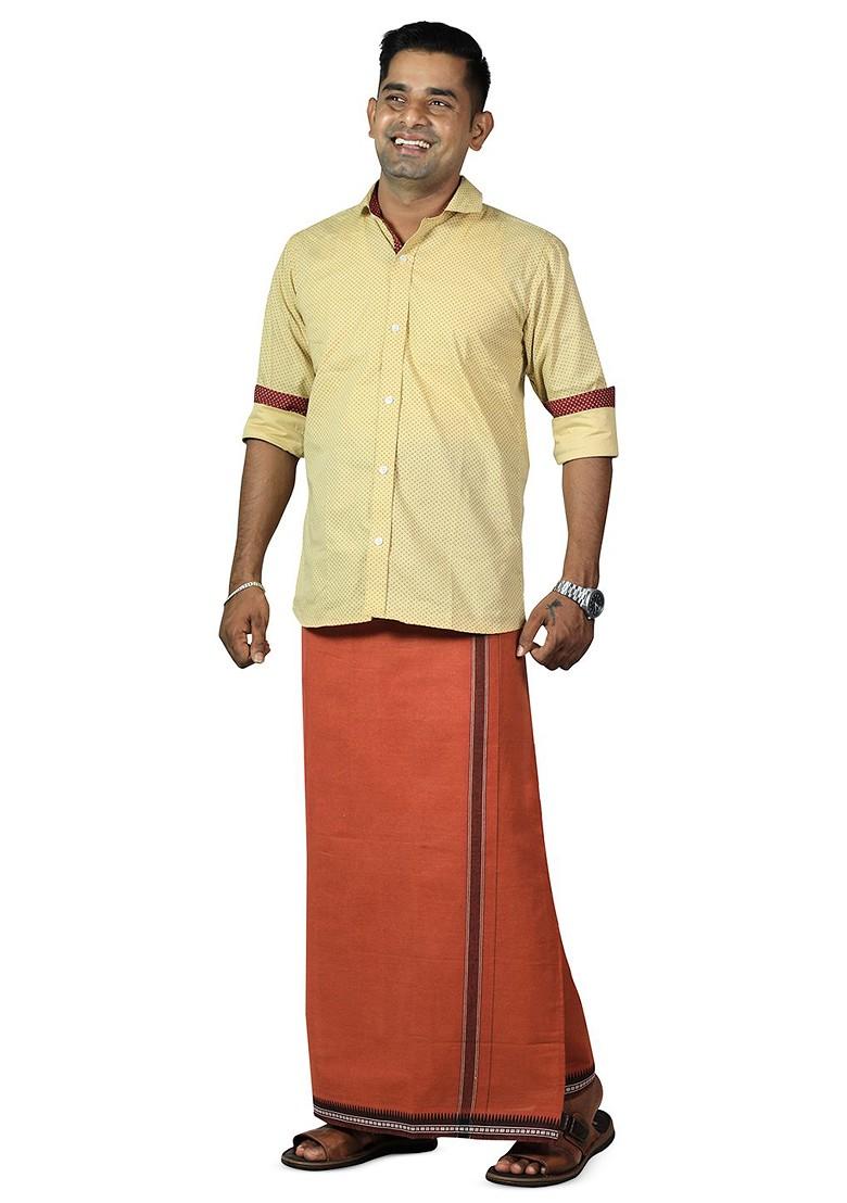 Orange Cotton Selection Of 2 Thalapathi Pure Cotton Dhotis For Men - Indya