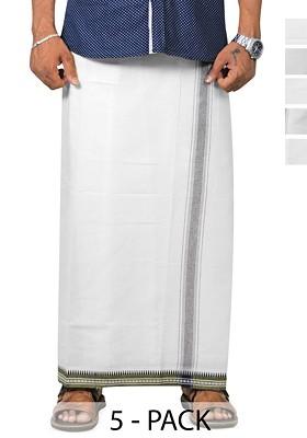 White Cotton Selection Of 5 Pure Cotton Dhotis For Men
