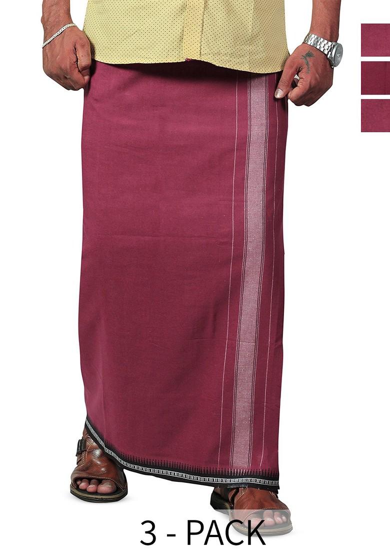 Maroon Cotton Selection Of 3 Kerala Style Thalapathi Pure Cotton Dhotis For Men