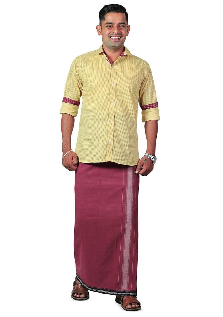 Maroon Cotton Selection Of 3 Kerala Style Thalapathi Pure Cotton Dhotis For Men