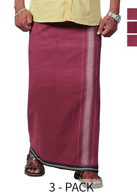 Maroon Cotton Selection Of 3 Kerala Style Thalapathi Pure Cotton Dhotis For Men