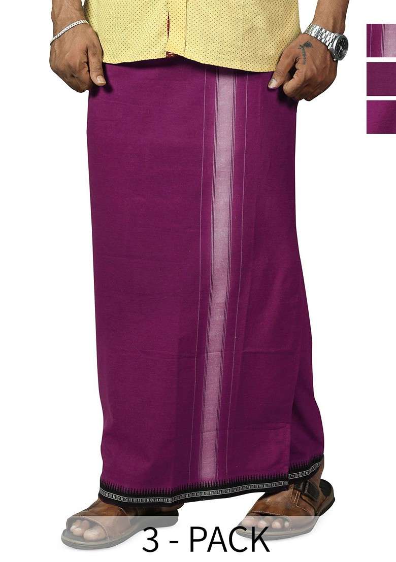 Violet Cotton Selection Of 3 Cotton Dhotis For Men - Indya