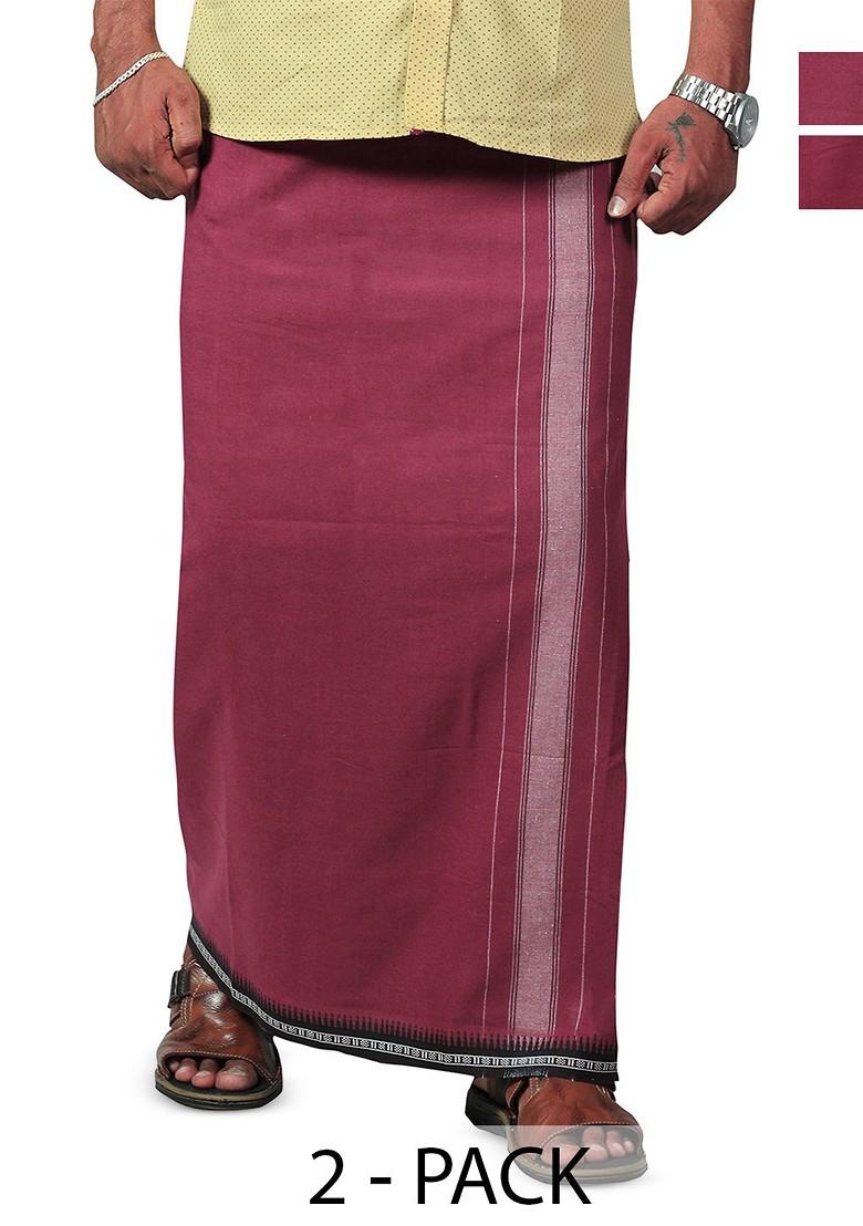 Maroon Cotton Selection Of 2 Pure Cotton Dhotis For Men - Indya