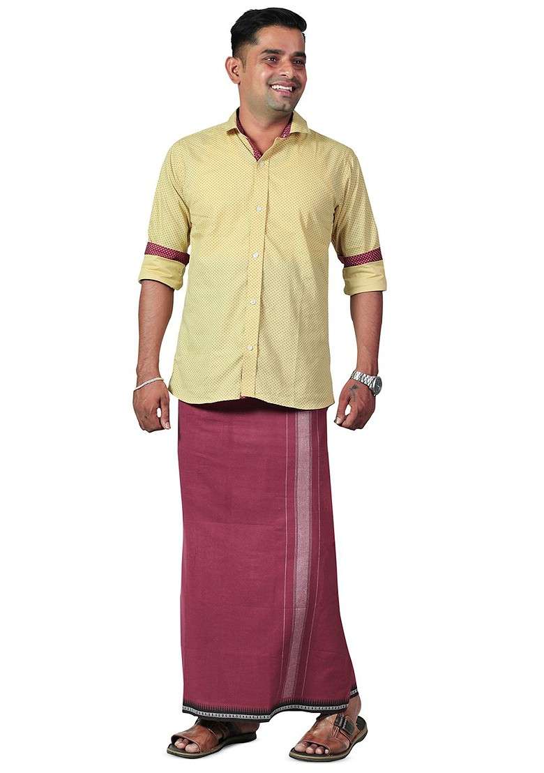 Maroon Cotton Selection Of 2 Pure Cotton Dhotis For Men - Indya