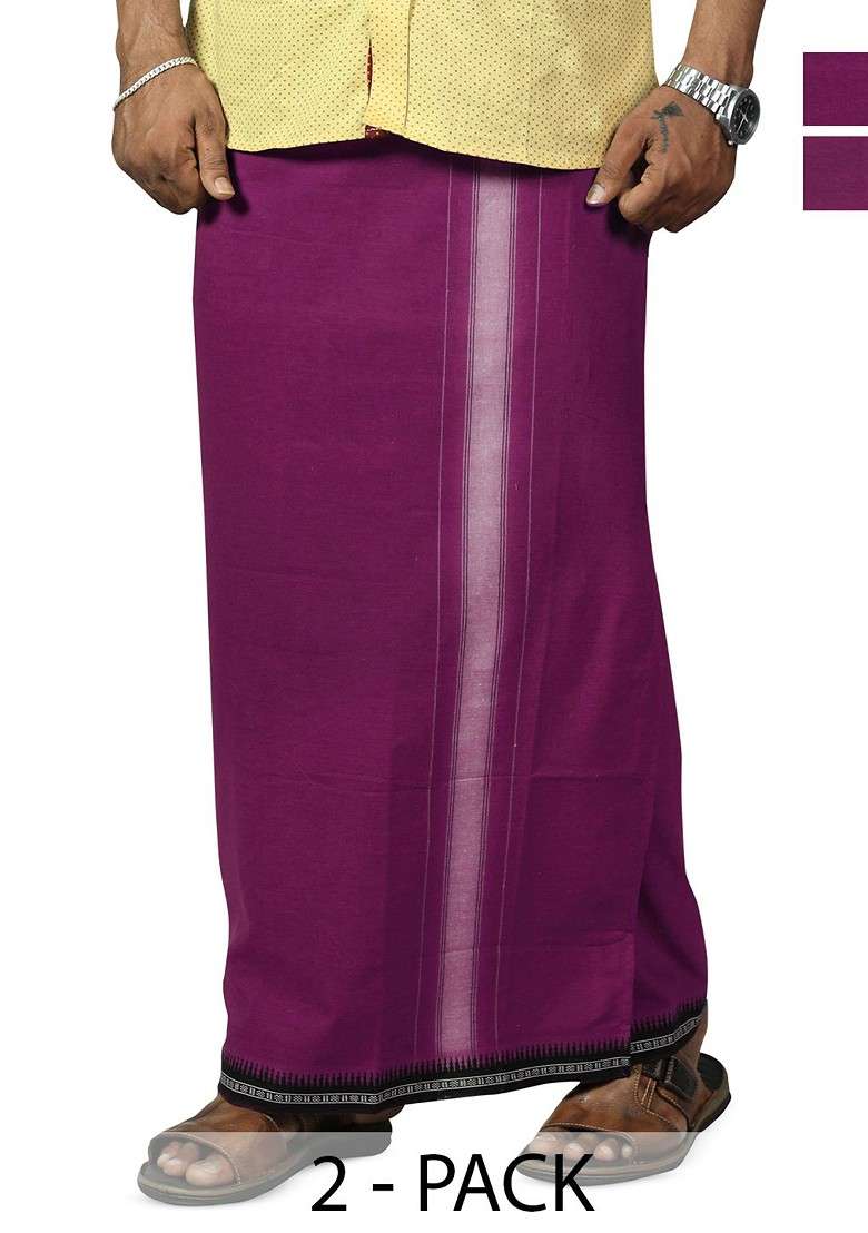 Violet Cotton Pack Of 2 Cotton Dhotis For Men - Indya