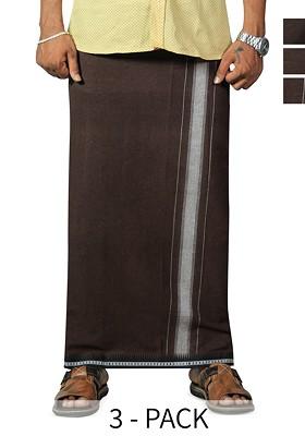 Coffee Brown Cotton Selection Of 3 Cotton Thalapathi Border Dhotis For Men