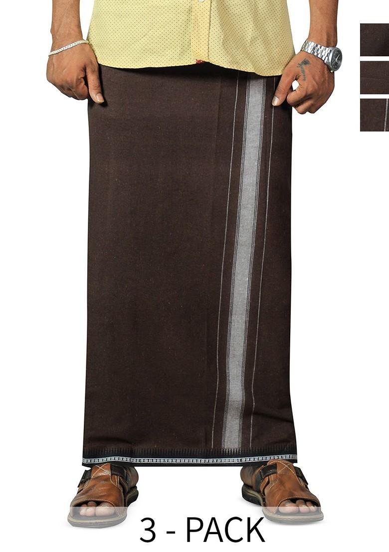 Coffee Brown Cotton Selection Of 3 Cotton Thalapathi Border Dhotis For Men - Indya