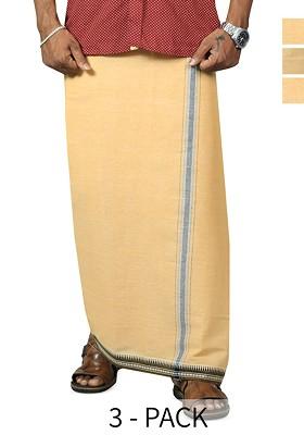 Beige Cotton Selection Of 3 Cotton Dhotis For Men
