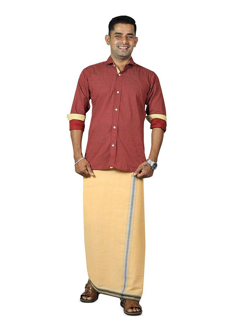 Beige Cotton Selection Of 3 Cotton Dhotis For Men