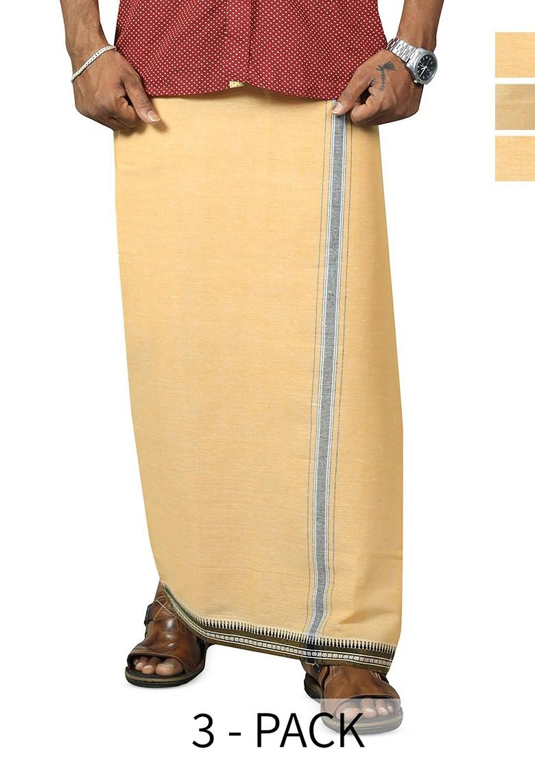 Beige Cotton Selection Of 3 Cotton Dhotis For Men