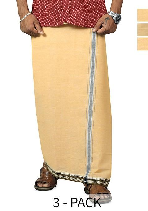 Beige Cotton Selection Of 3 Cotton Dhotis For Men