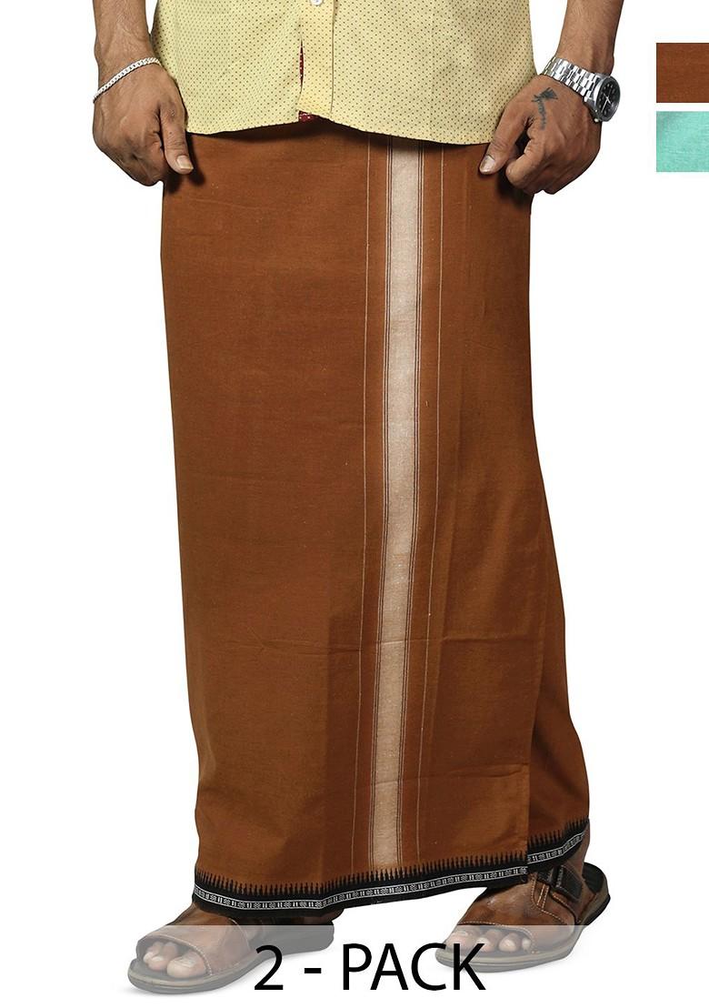 Blue Cotton Pack Of 2 Cotton Dhotis For Men - Indya