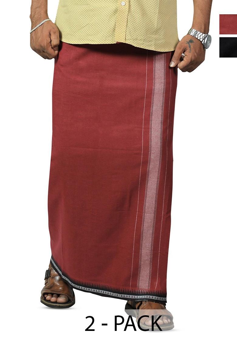 Black Cotton Pack Of 2 Solid Cotton Dhotis For Men