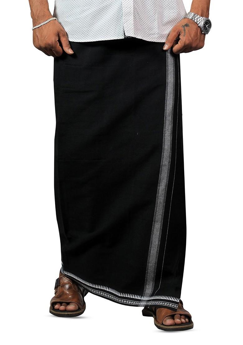 Black Cotton Pack Of 2 Solid Cotton Dhotis For Men - Indya