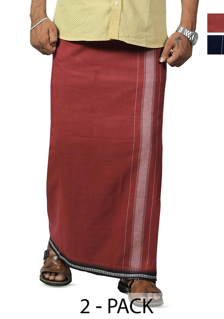 Red Cotton Pack Of 2 Cotton Dhotis For Men