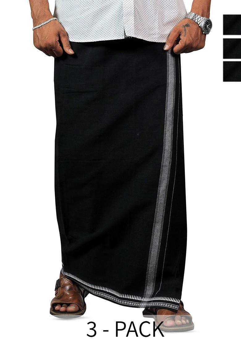 Black Cotton Selection Of 3 Pure Cotton Dhotis For Men - Indya