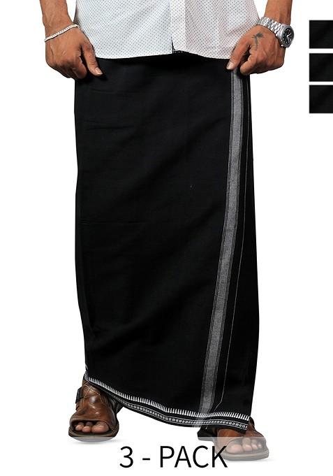 Black Cotton Selection Of 3 Pure Cotton Dhotis For Men