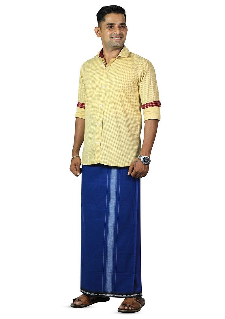 Blue Cotton Pack Of 2 Cotton Dhotis For Men - Indya
