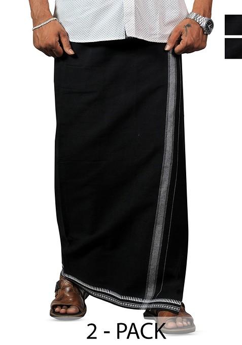 Black Cotton Pack Of 2 Kerala Style Thalapathi Border Pure Cotton Dhotis For Men