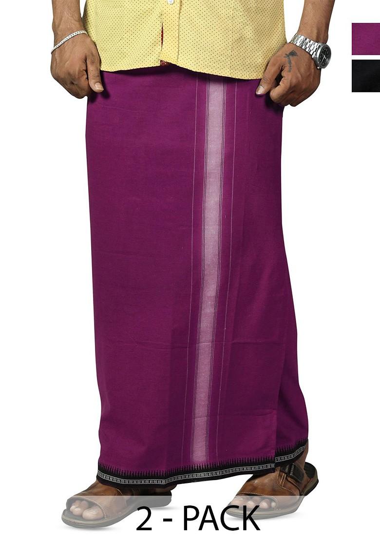 Black Cotton Pack Of 2 Kerala Style Thalapathi Border Cotton Dhoti For Men - Indya