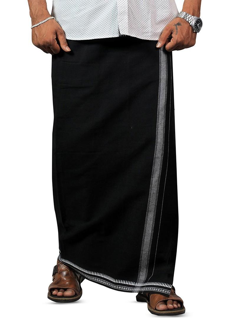 Black Cotton Pack Of 2 Kerala Style Thalapathi Border Cotton Dhotis For Men - Indya