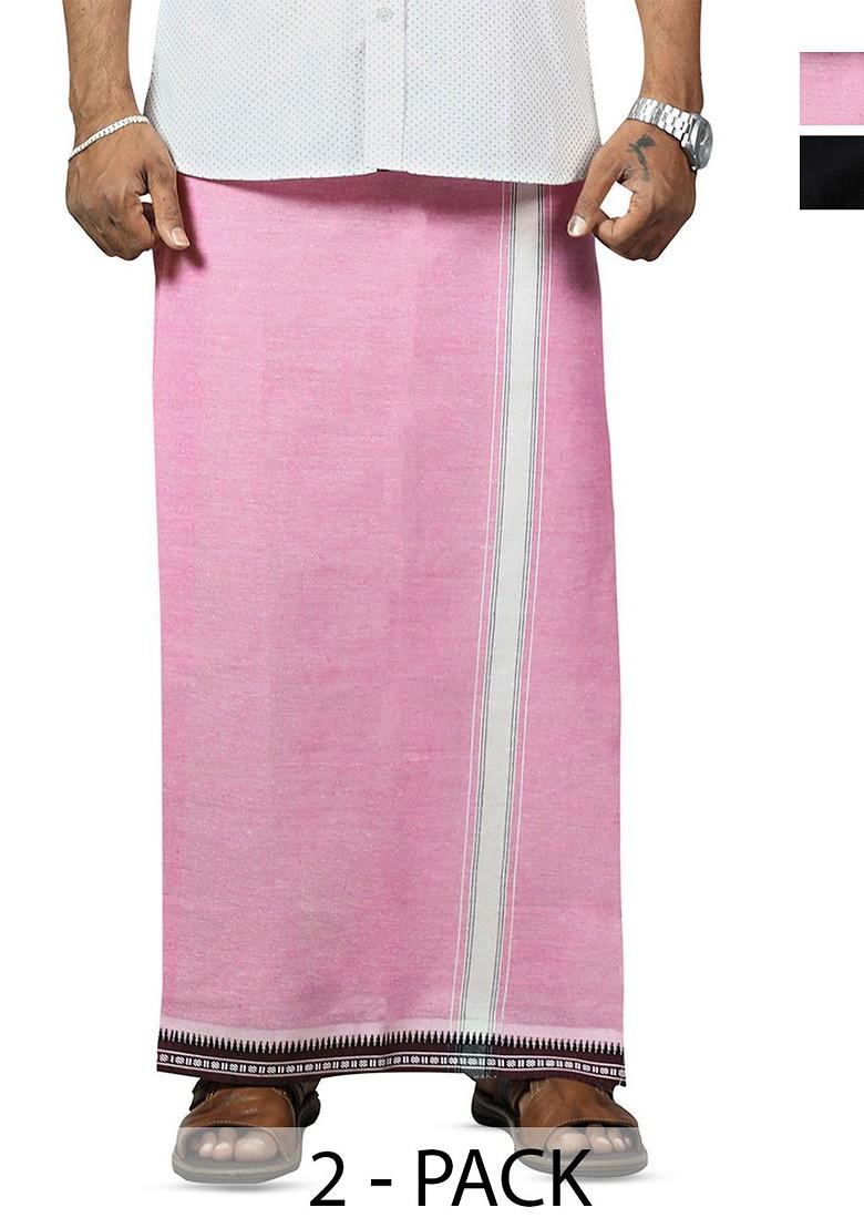 Black Cotton Selection Of 2 Kerala Style Thalapathi Border Cotton Dhotis For Men