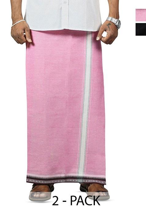 Black Cotton Selection Of 2 Kerala Style Thalapathi Border Cotton Dhotis For Men