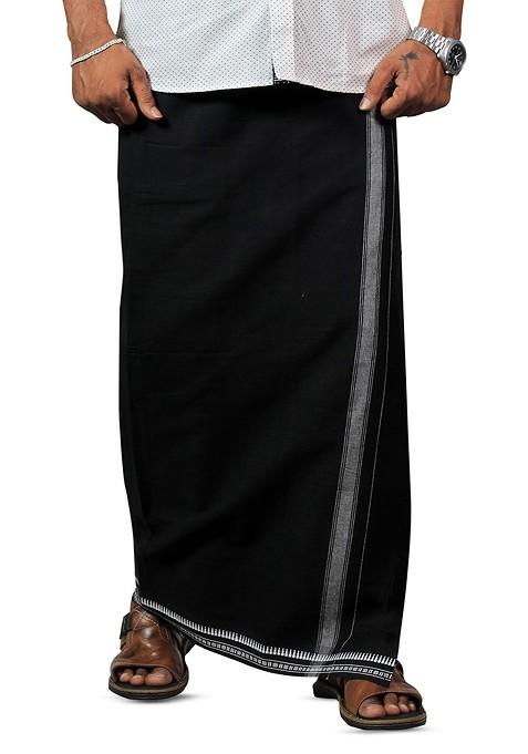 Black Cotton Selection Of 2 Kerala Style Thalapathi Border Cotton Dhotis For Men
