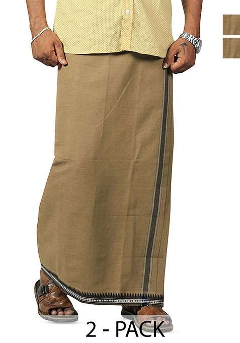 Beige Cotton Pack Of 2 Cotton Dhotis For Men