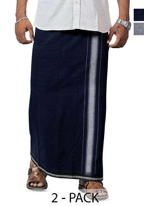 Grey Cotton Selection Of 2 Pure Cotton Dhotis For Men