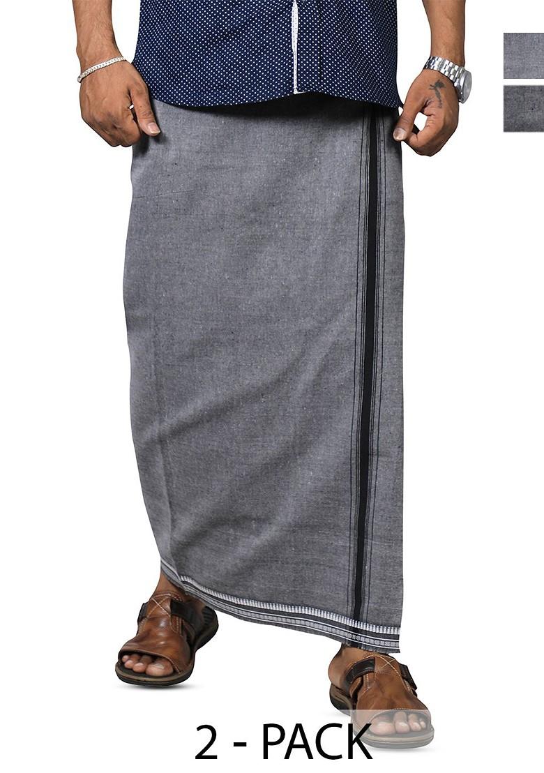 Grey Cotton Selection Of 2 Kerala Style Thalapathi Pure Cotton Dhotis For Men - Indya