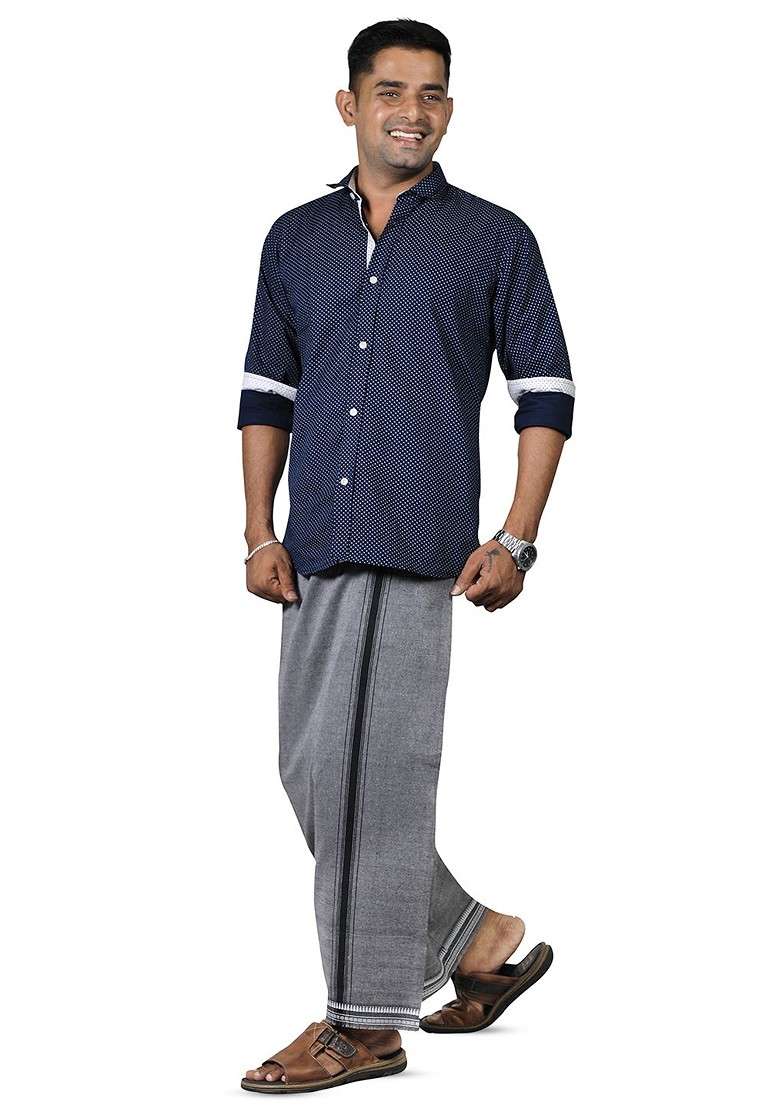 Grey Cotton Selection Of 2 Kerala Style Thalapathi Pure Cotton Dhotis For Men - Indya
