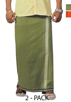 Orange Cotton Pack Of 2 Kerala Style Thalapathi Border Pure Cotton Dhotis For Men