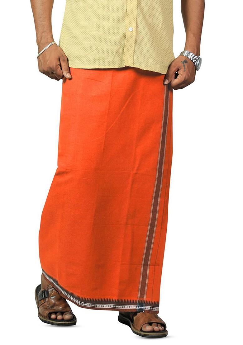 Orange Cotton Pack Of 2 Kerala Style Thalapathi Border Pure Cotton Dhotis For Men - Indya