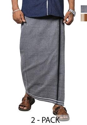 Grey Cotton Selection Of 2 Pure Cotton Dhotis For Men
