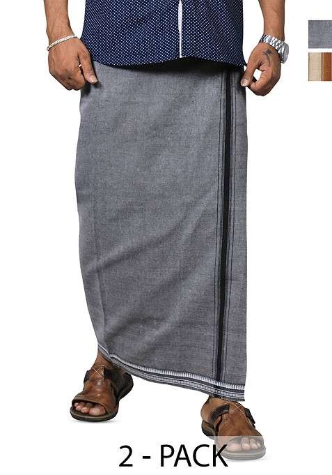 Grey Cotton Selection Of 2 Pure Cotton Dhotis For Men