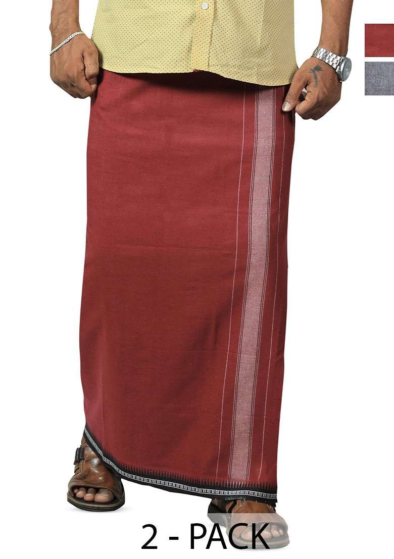 Grey Cotton Pack Of 2 Cotton Dhotis For Men - Indya