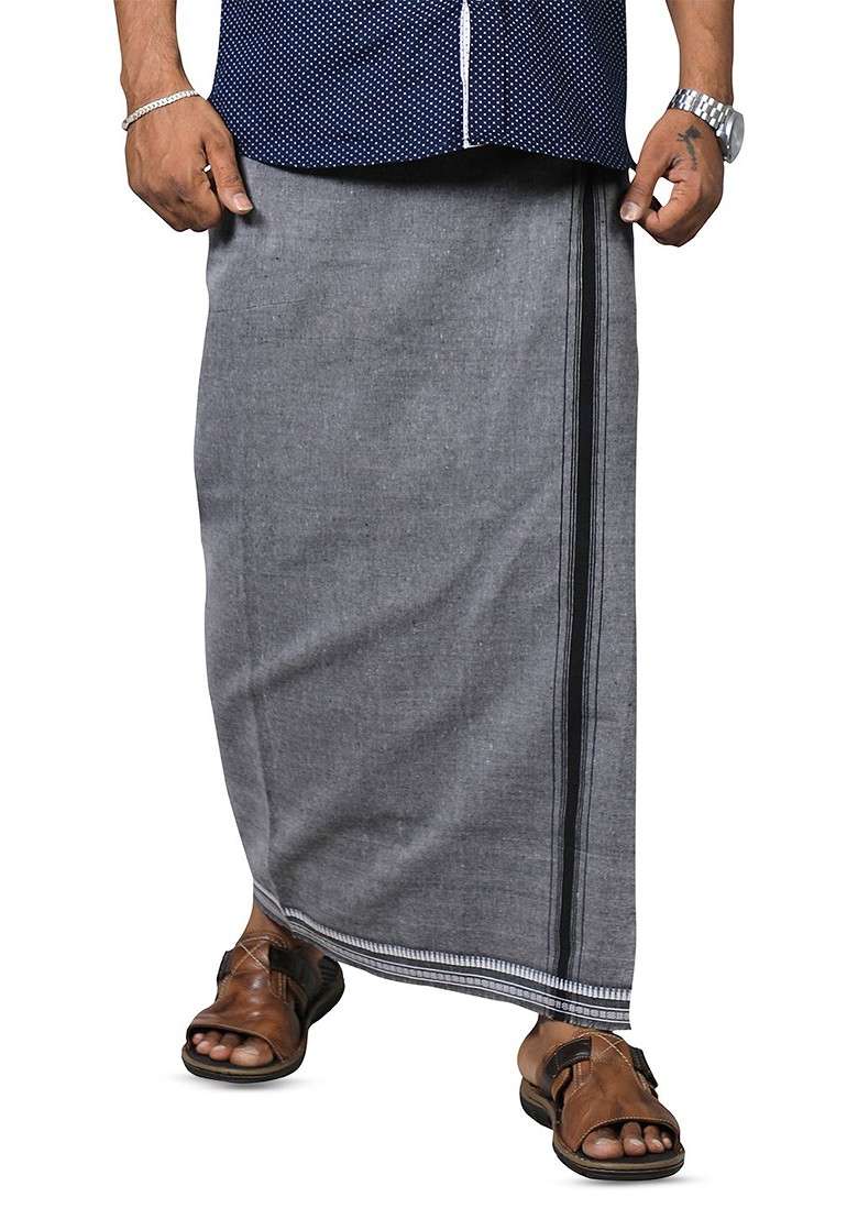 Grey Cotton Pack Of 2 Cotton Dhotis For Men - Indya