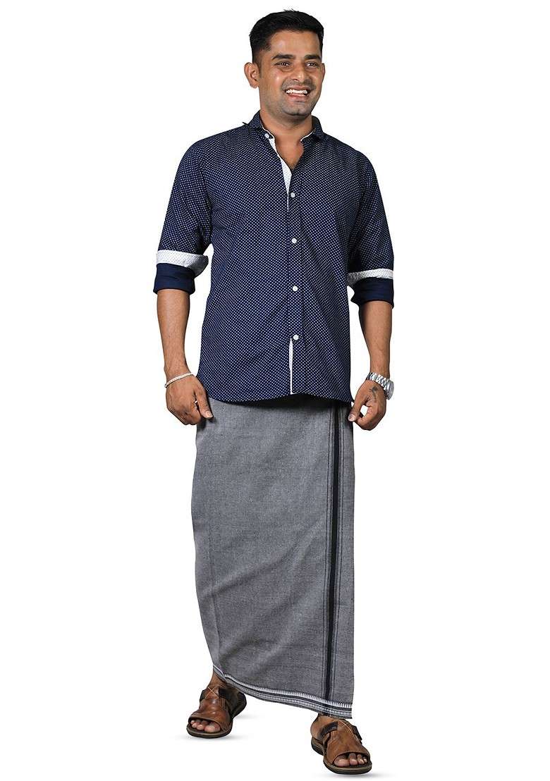 Grey Cotton Pack Of 2 Cotton Dhotis For Men - Indya