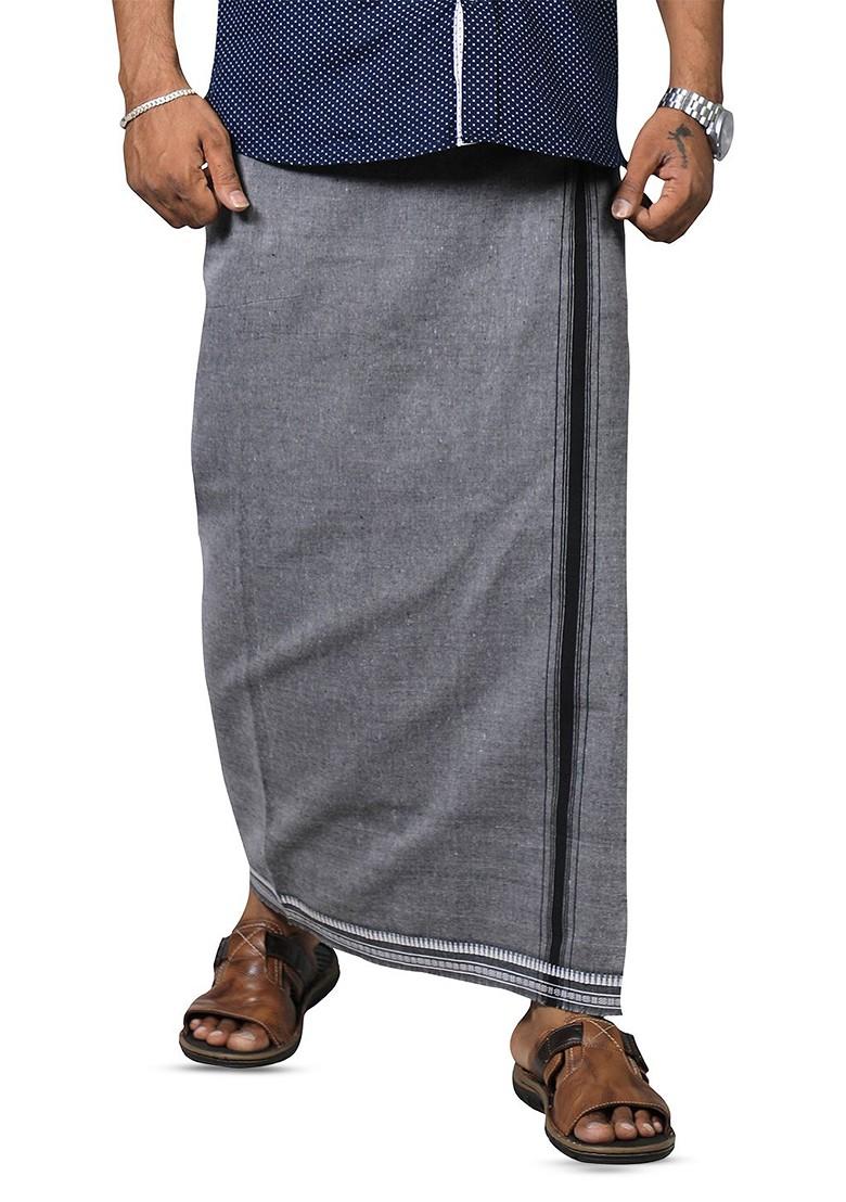 Grey Cotton Selection Of 2 Pure Cotton Dhotis For Men - Indya