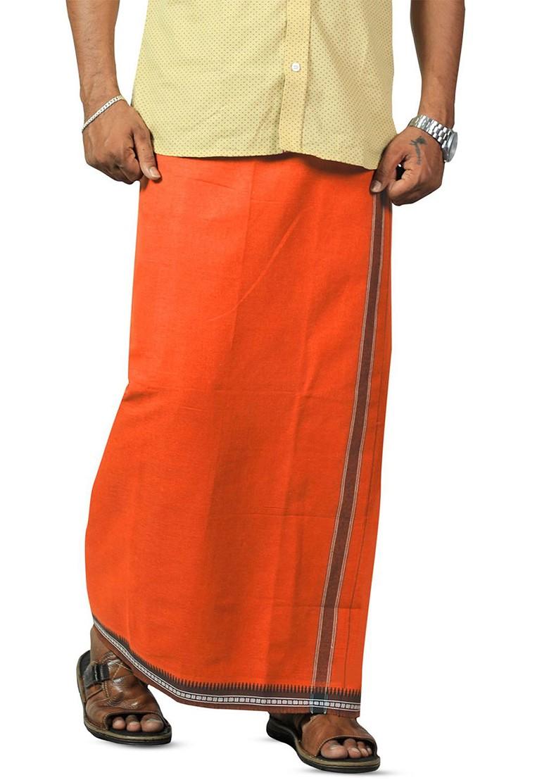 Orange Cotton Selection Of 2 Cotton Dhotis For Men - Indya