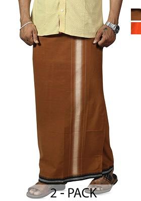 Orange Cotton Pack Of 2 Cotton Dhotis For Men