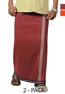 Orange Cotton Selection Of 2 Cotton Kerala Style Thalapathi Border Dhotis For Men